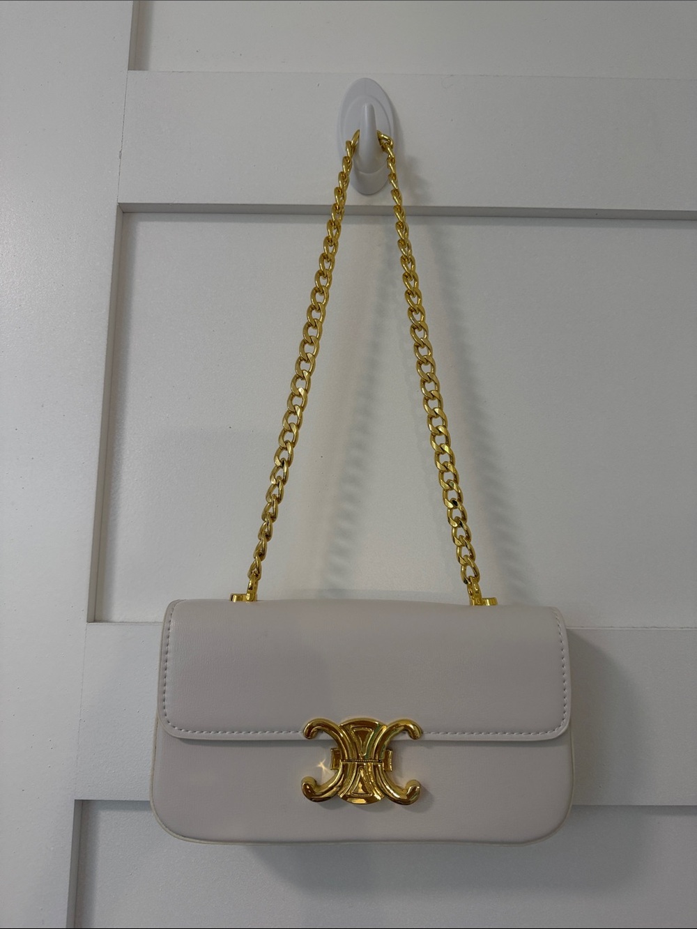 Celine CC White Leather Small Crossbody Bag with Gold Chain